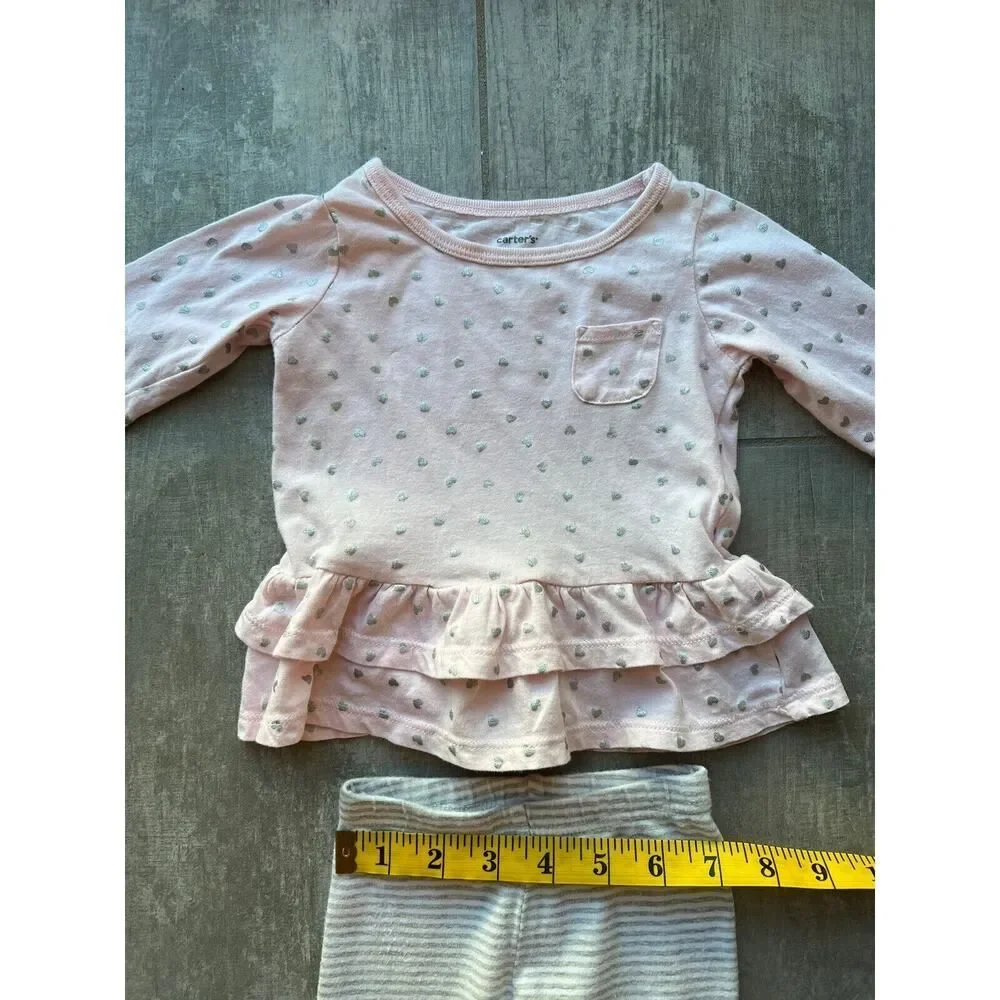 Baby Girl Pink Silver Heart Babydoll Top & Legging 2 Piece Outfit Set Cotton 6m - Picture 6 of 8